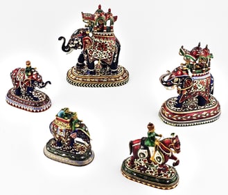 Set Of Five 24K Solid Gold Enamel Indian Jaipur Parade Elephant Figurine
