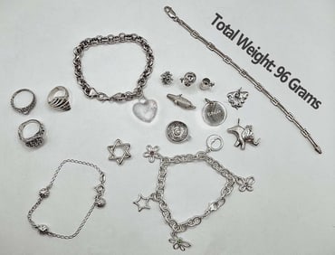 Lot Of Silver Jewelry (96 grams) 3 Rings, 9 Charms, 7 Bracelets