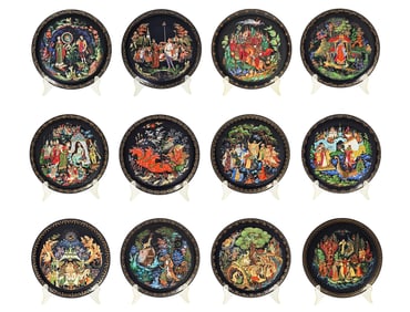 Set Of Twelve Vintage Collector Russian Fairytail Christmas Decorative Plates