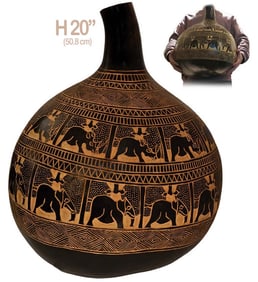 Large Water Gourd Hand Carved Rhinos & Elephants African Calabash