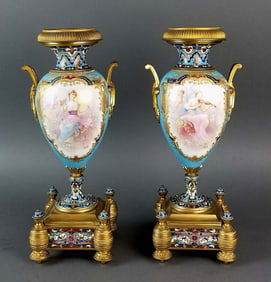 Pair of 19th C. Large Sevres and Champleve Enamel Vases