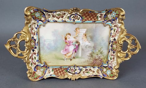 19th C. French Champleve Enamel & Bronze Tray