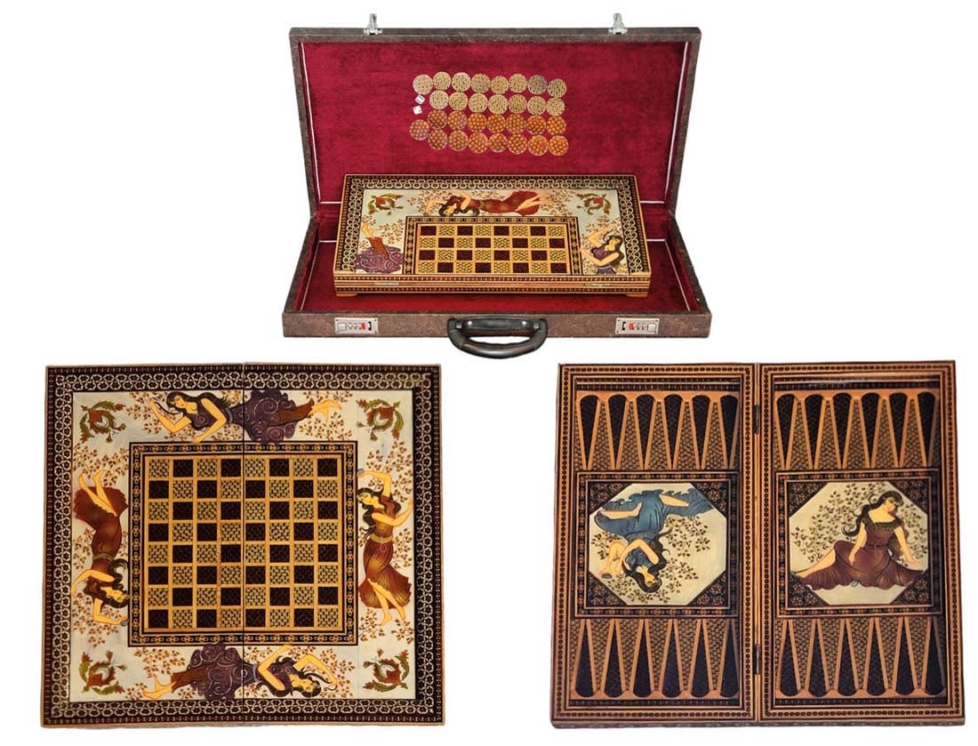 Persian Hand Painted Isfahan Khatam Backgammon Set: Persian Hand Painted Isfahan Khatam Backgammon Set. Closed H 2 1/2" x L 10" x W 19 1/2" \ Open 1 3/8" x W 10" x L 19 1/2" \ Case H 3" x W 13 1/2" x L 25"