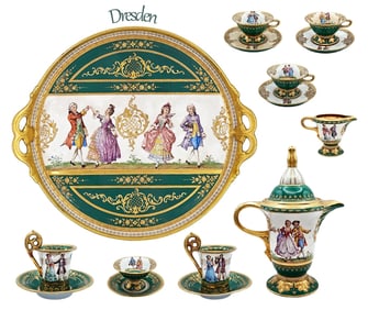 19th C. Green Dresden Lamb Porcelain Hand Painted Tea / Coffee (15Pcs) Set