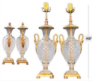 Pair Of 19th C. Abajour Baccarat Crystal Cut Mounted Figural Bronze Swan