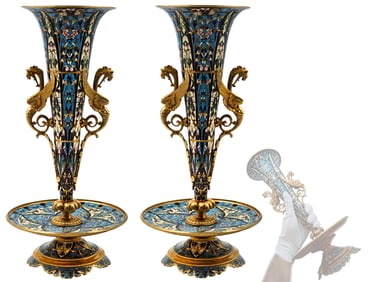 Pair Of 19th C. French Enamel Figural Champleve Vases