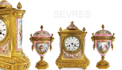19th C. French Hand Painted Pink Sevres Mounted Bronze Clock Set