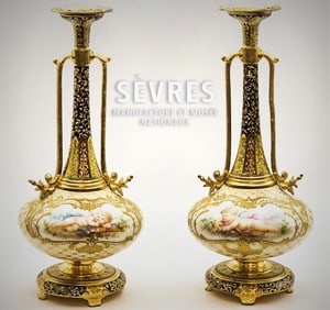 Pair Of 19th C. Champleve French Enamel Sevres Vases