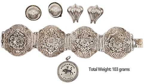 Lot Of Silver Jewelry (103 grams) Wide Bracelet, Round Taurus Necklace, Two Earrings