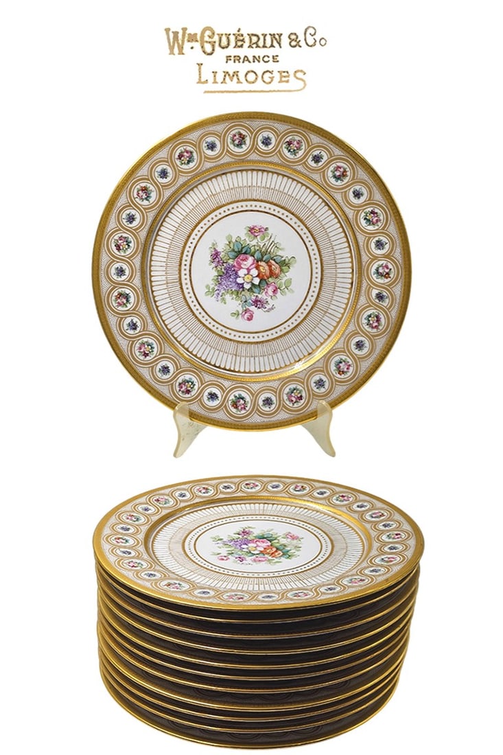 Set Of Twelve French Wm-GUERIN & Co. Limoges Diner Plates, Circa 1920's: Set Of Twelve French Wm-GUERIN & Co. Limoges Diner Plates, Circa 1920's. D 11"