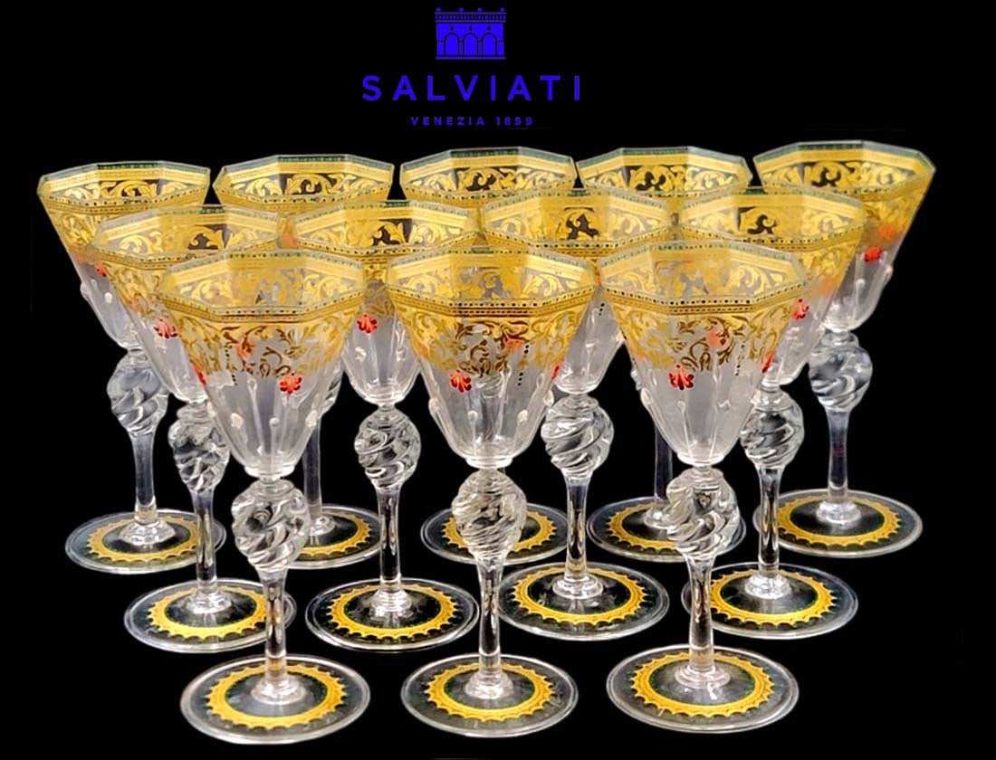 Set of 12, 19th C. Venetian Hand Painted Jeweled Salviati Wine Glasses: Set of 12, 19th C. Venetian Hand Painted Jeweled Salviati Wine Glasses. H 6 7/8" x W 2 7/8"