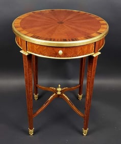 French Gilt Bronze Mounted Kingwood Rosewood & Parquetry Round Table Louis XVI Style, Circa 1890