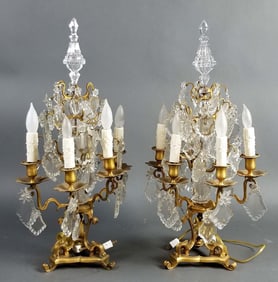 Pair of 19th C. Bronze and Crystal Candelabra Lamps