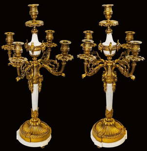 Pair Of 19th C. French Bronzed Marble Candelabras: Pair Of 19th C. French Bronzed Marble Candelabras. H 24 1/2" x W 14"