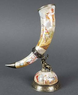 19th C. Viennese/ Austrian Enamel on Silver Cornucopia: 19th C. Viennese/ Austrian Enamel on Silver Cornucopia Vase. Measures H: 6 1/4" W: 4 1/2"