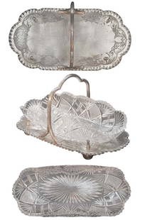 19th C. English Silver Plate & Crystal Candy Tray: 19th C. English Silver Plate & Crystal Candy Tray. Hallamrk stamp on bottom of the tray. Tray: H 6" x W 6 " x L 11 1/2"