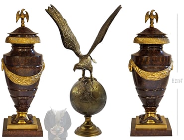 Lot Of Three Eagles, Lacquered Brass Vases & Figural Globe