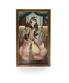 Large 19th C. Persian Qajar Oil On Canvas Painting Of A Woman Playing Kemanche Instrumental