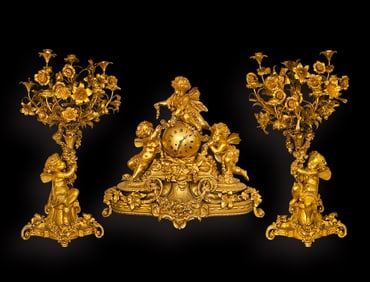 Very Large 19th C. French Figural Bronze Clock Set, Richond Paris