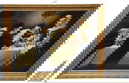 Large Oil On Canvas 'Sabbath Dinner' Judaica Painting, Signed