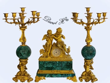 19th C. French Figural Bronze On Malachite Clock Set, Signed