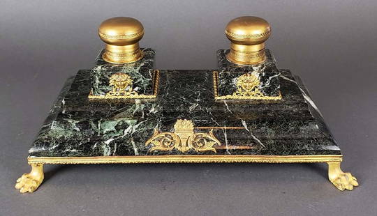 French Bronze & Marble Inkwell: French Bronze & Marble Inkwell. Measures H: 5 1/2" W: 13 1/4"