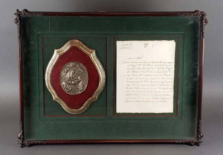 Antique Framed 16th C. Commemorative Plaque & Document C.: Antique Framed 16th C. Commemorative Plaque & Document C. 1570. The frame measures 24 3/4" x 18 1/2", the plaque measures 10 1/4" x 8" and the paper measures 10" x 8"