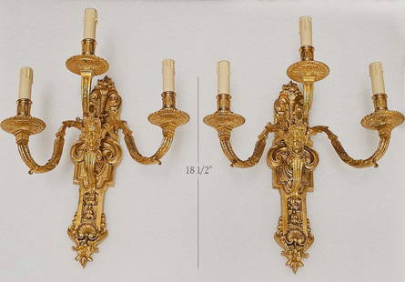 Pair Of 19th C. French Figural Gilt Bronze Wall Sconces: Pair Of 19th C. French Figural Gilt Bronze Wall Sconces. H 18 1/2"
