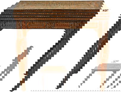 19th Century Moroccan Multi-gaming Table: Backgammon, checkers \ chess, and playing card table is beautifully hand carved in wood & exquisitely inlaid with mother of pearl. Table top flips around & open which turns into a playing card gaming