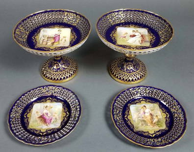 Set of Late 19th C. Royal Vienna Reticulated Tazzas and: Set of Late 19th C. Royal Vienna Reticulated Tazzas and Plates. The tazzas measure H: 7 3/4" W: 9 3/4" and the plates measure 8 3/4" Diameter. One of the plates has been restored.