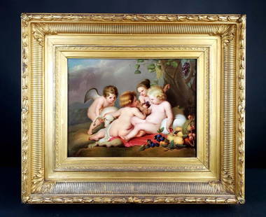 KPM Plaque in Giltwood Frame "Reubens Painting", Circa: KPM Plaque in Giltwood Frame "Reubens Painting", Circa 1900. The frame measures 25" x 21 1/4" and the plaque measures 15 3/4" x 12 1/2"
