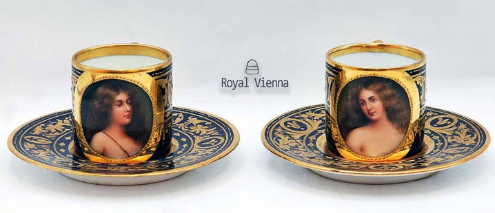 Pair Of Royal Vienna Cup & Saucers: Pair Of Royal Vienna Cup & Saucers. Cups: H 1 7/8" x W 1 5/8" x L 2 1/2" \ Saucers: D 4"