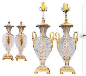 Pair Of 19th C. Abajour Baccarat Crystal Cut Mounted Figural Bronze Swan: Pair Of 19th C. Abajour Crystal Cut Mounted Figural Bronze Swan. H 22" x W 7"