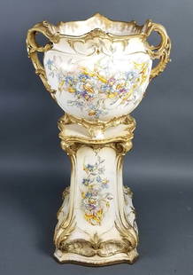 Late 19th C. Royal Bonn German Porcelain Planter on: Late 19th C. Royal Bonn German Porcelain Planter on Stand. The bowl measures H: 16 3/4" W: 32", the base measures H: 24" W: 12 1/2", and overall height is 45"