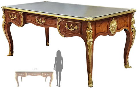 Late 19th C. Leather Top Linke Style Kingwood & Gilt Bronze Figural Desk: Late 19th C. Leather Top Linke Style Kingwood & Gilt Bronze Figural Desk. H 29 7/8" x W 33 1/2" x L 67 7/8"
