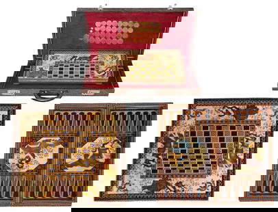 Persian Hand Painted Isfahan Khatam Backgammon Set: Persian Hand Painted Isfahan Khatam Backgammon Set. Closed H 2 1/2" x L 10" x W 19 1/2" \ Open 1 3/8" x W 10" x L 19 1/2" \ Case H 3" x W 13 1/2" x L 25"