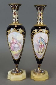 Pair of 19th C. Sevres & Champleve Enamel Vases