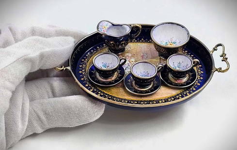 19th C. Viennese Enamel On Silver Miniture Set: 19th C. Viennese Enamel On Silver Miniture Set.