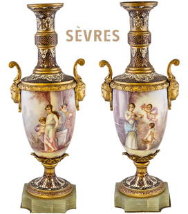 19th C. Bronze Mounted Figural French Hand Painted Sevres Baroque Urns, Signed: 19th C. Bronze Mounted Figural French Hand Painted Sevres Baroque Urns, Signed. H 12" x W 3 1/2" x 4 1/2"