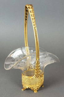 French Baccarat Crystal & Bronze Basket Centerpiece: French Baccarat Crystal & Bronze Basket Centerpiece. Measures H: 9 1/2" W: 6"