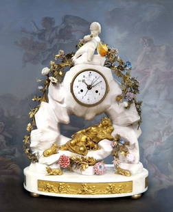 Large 19th C Marble Figural Enamel  Gilt Bronze Mantel: Large 19th C Marble Figural Enamel Gilt Bronze Mantel Clock. Measures H: 24 1/2" W: 18" D: 7 1/2"