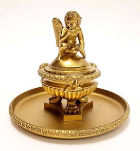 French Gilt Bronze Figural Inkwell: French Gilt Bronze Figural Inkwell. Measures H: 7" W: 8"