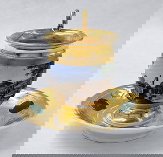 Paris Porcelain Collectible Gold Cup & Saucer: Paris Porcelain Collectible Gold Cup & Saucer. Cup: H 4 1/2" x W 3" x L 3 7/8" \ Saucer: D 5 1/2"