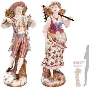 Pair Of 19th C. Very Large German Porcelain Meissen Style Statues