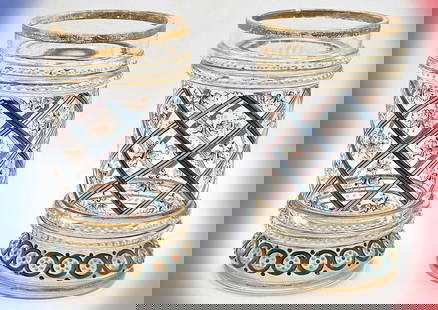 Pair Of 19th C. French Enamel Glass Cups: Pair Of 19th C. French Enamel Glass Cups. H 5" x W 3"