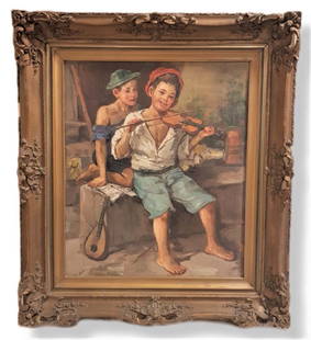 Signed Impressionist Oil On Painting Child Playing Violin: Signed Impressionist Oil On Painting Child Playing Violin. 29" x 33"