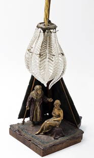 Austrian Bergman Style Orientalist Bronze Figurines Lamp: Inside The Harem, Austrian Orientalist Bergman style cold patinated Bronze Figurine Group Table Lamp on wooden base. 20th century early. Condition report: according to pictures, already in the carpet'