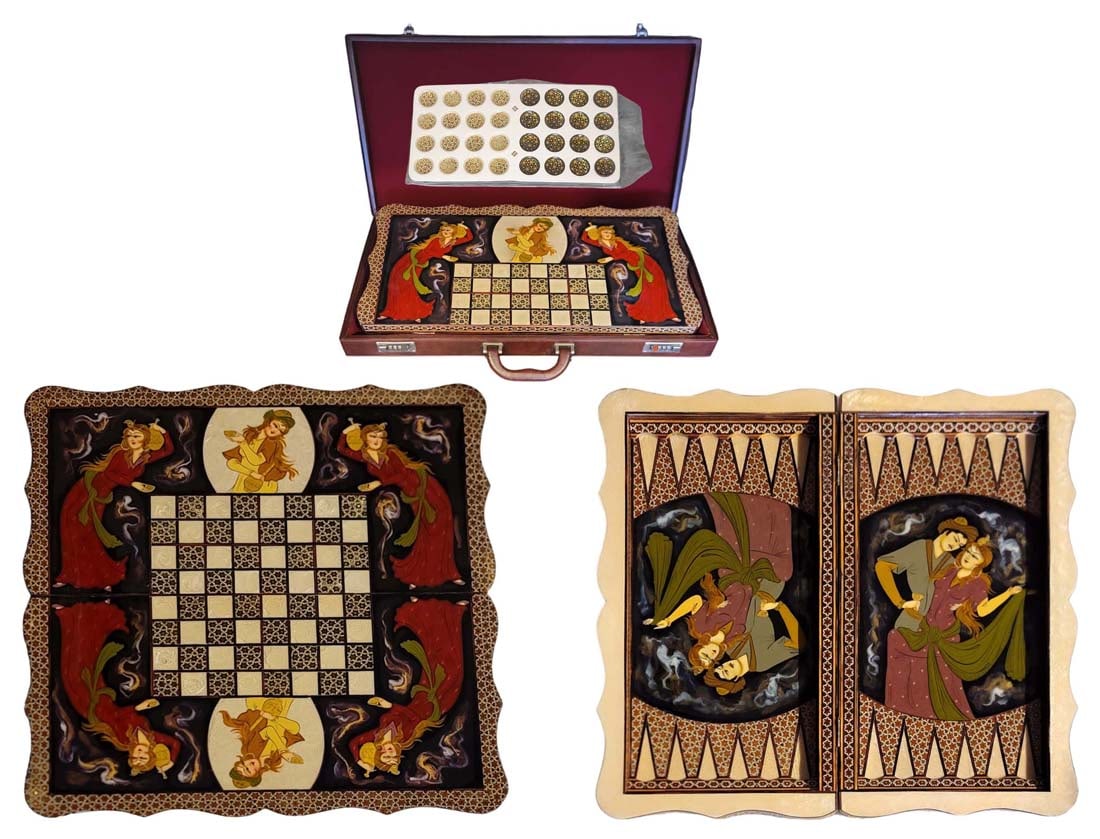 Persian Hand Painted Isfahan Khatam Backgammon Set: Persian Hand Painted Isfahan Khatam Backgammon Set. Closed H 2 1/2" x L 10" x W 19 1/2" \ Open 1 3/8" x W 10" x L 19 1/2" \ Case H 3" x W 13 1/2" x L 25"
