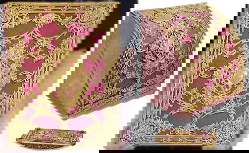 Gilt Bronze Ormolu Mounted Pink Velvet (3Pieces) Desk Accessories: Gilt Bronze Ormolu Mounted Pink Velvet (3Pieces) Desk Accessories. Letter box: H 12 7/8" x W 9 1/2" x L 13" \ Ink blotter: H 1 1/2" x W 3" x L 7" \ Folio: H 1 1/2" x W 12 1/2" x L 16 1/2"