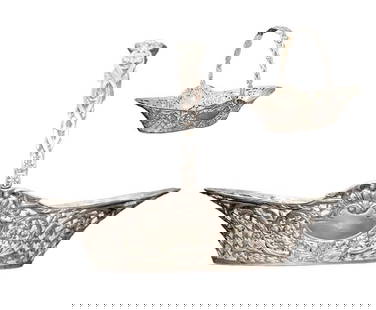 19th C. Silver German Flower Basket \ Centerpiece: 19th C. Silver German Flower Basket \ Centerpiece. 10" x 5.5" (259 g)